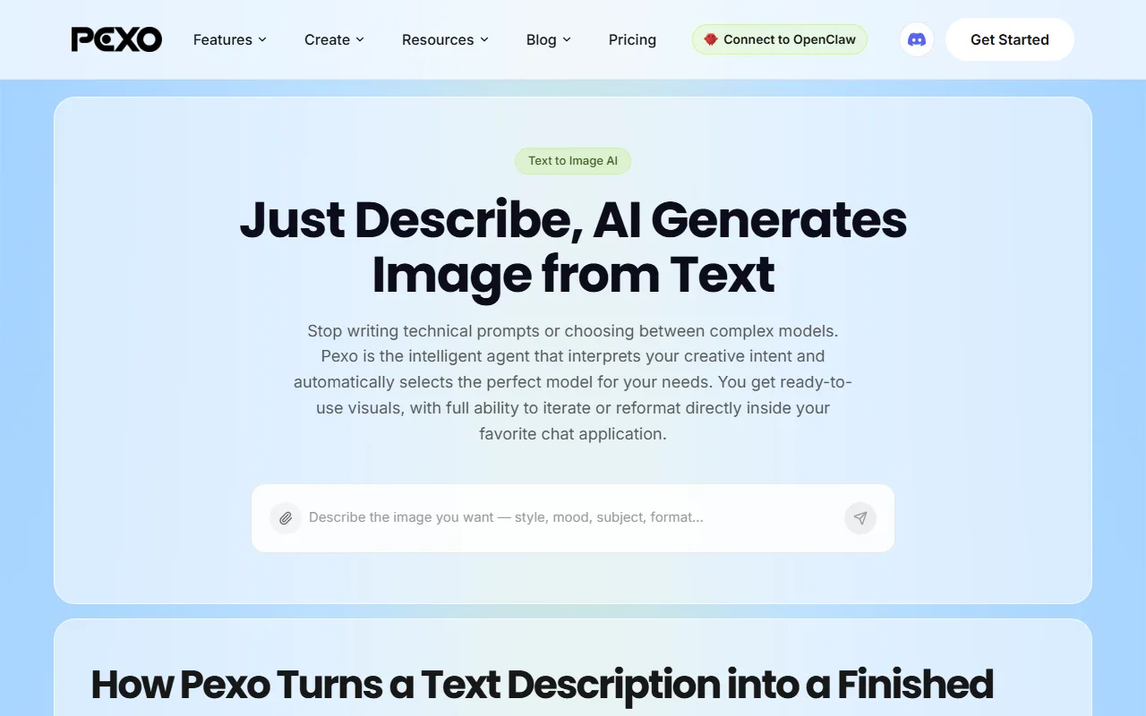 Pexo's Text to Image page — "Just Describe, AI Generates Image from Text", with a box where you describe the image you want in plain words