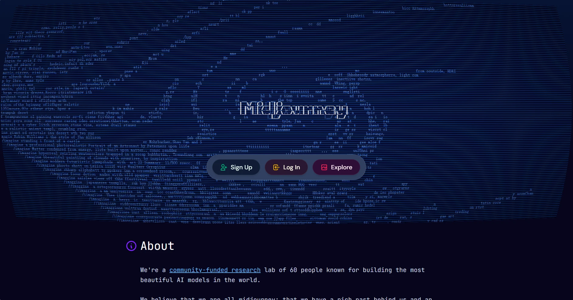 Midjourney's homepage — Sign Up / Log In / Explore, "a community-funded research lab of 60 people known for building the most beautiful AI models in the world"
