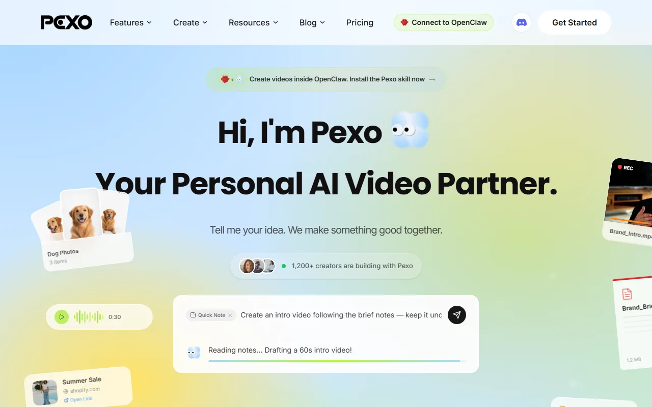Pexo's homepage — an AI creative partner you describe images to in plain language, no prompt box to figure out