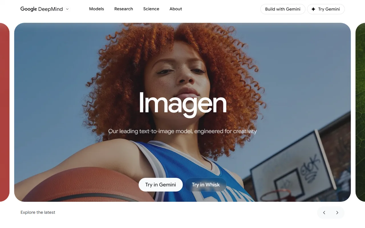 Google DeepMind's Imagen page — "our leading text-to-image model, engineered for creativity", with a "Try in Gemini" button