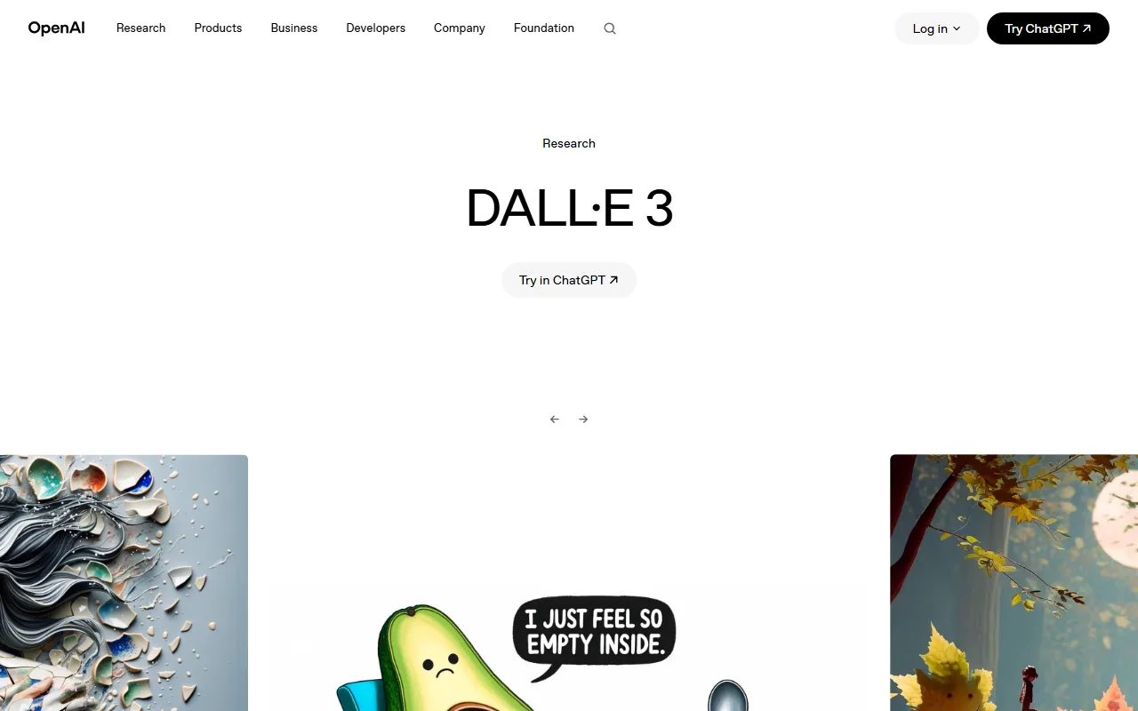 OpenAI's DALL·E 3 page showing sample generations, including a text-in-image "I just feel so empty inside" demo