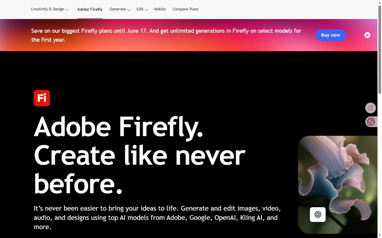Adobe Firefly homepage — "Create like never before", commercially safe generation across Adobe, Google, and OpenAI models