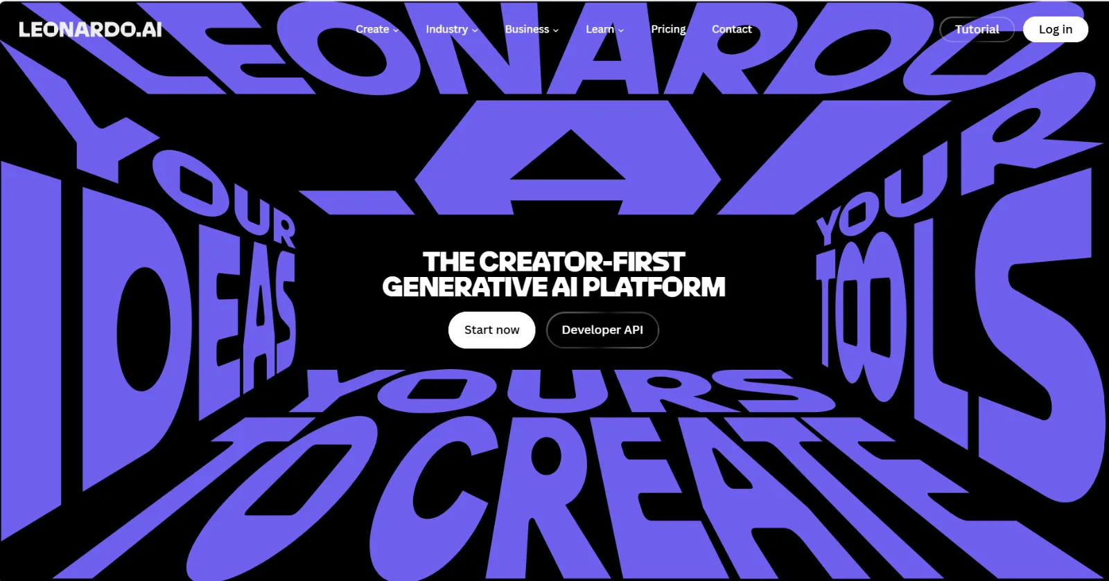Leonardo.AI homepage — "the creator-first generative AI platform", with Start now and Developer API buttons