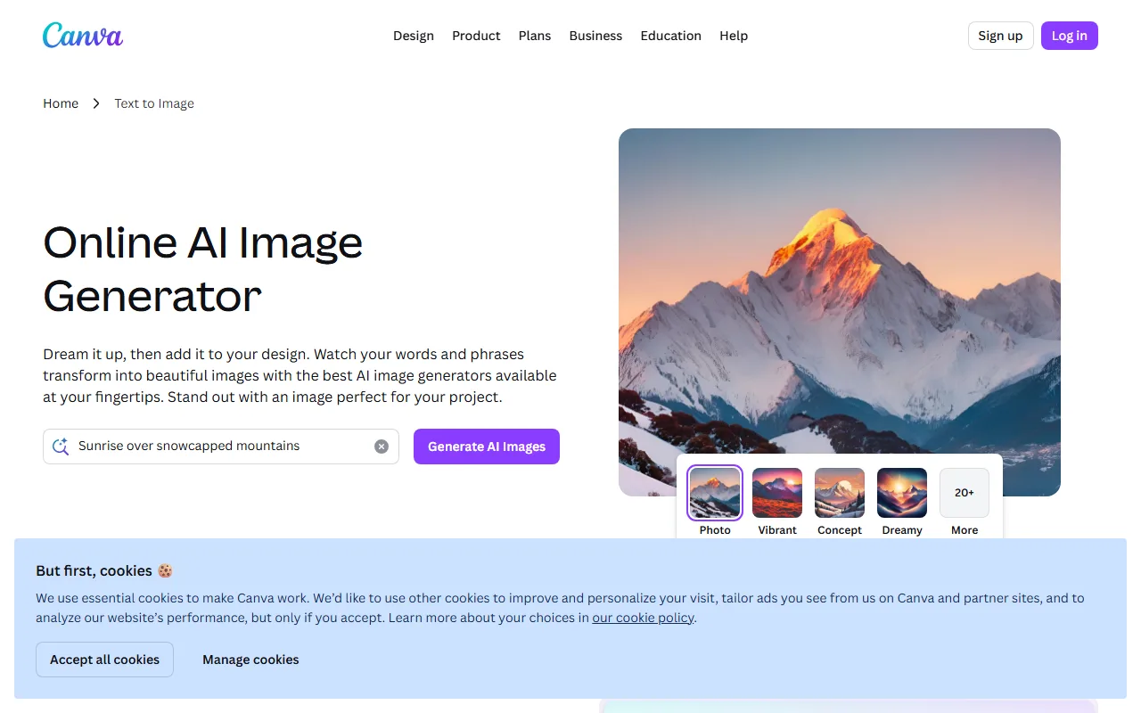 Canva's Online AI Image Generator — a sample landscape render and a prompt box, inside Canva's design tool