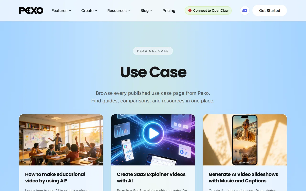 Pexo's use-case hub — published guides for turning a description into finished visuals and videos in one place