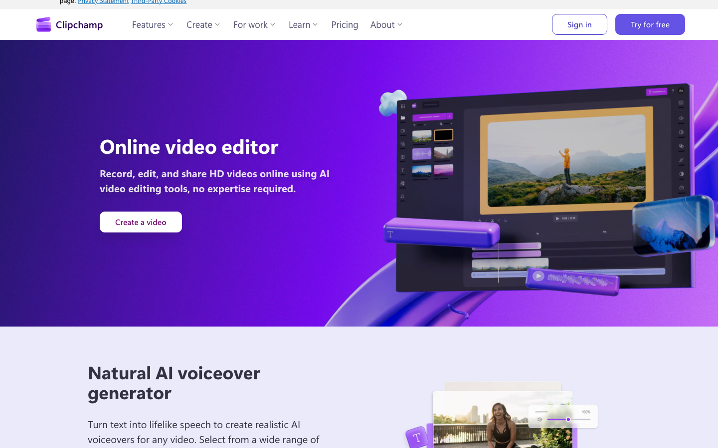 Clipchamp homepage screenshot
