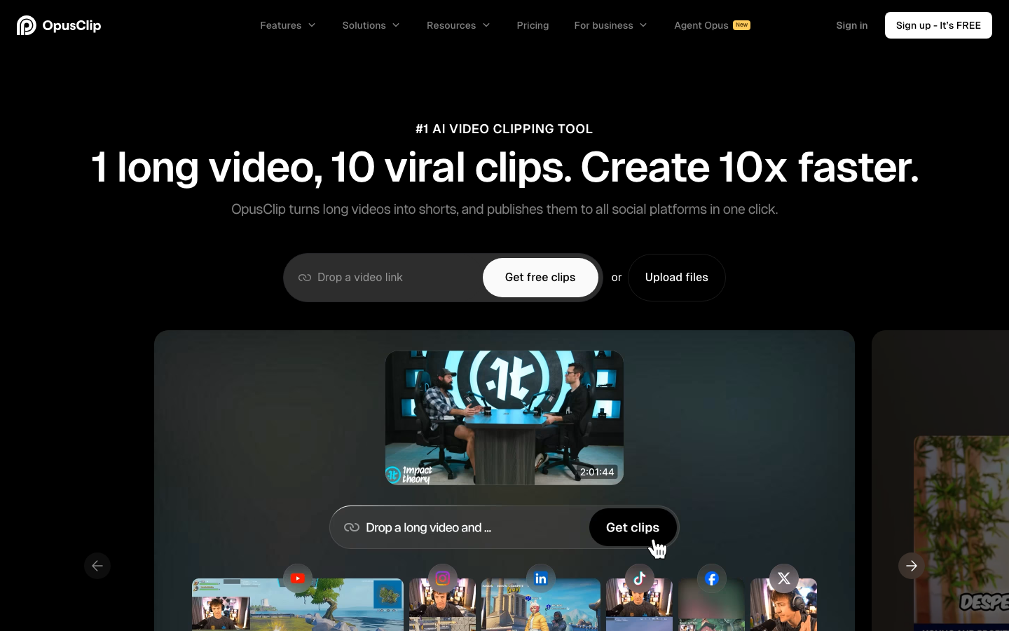 Opus Clip homepage screenshot