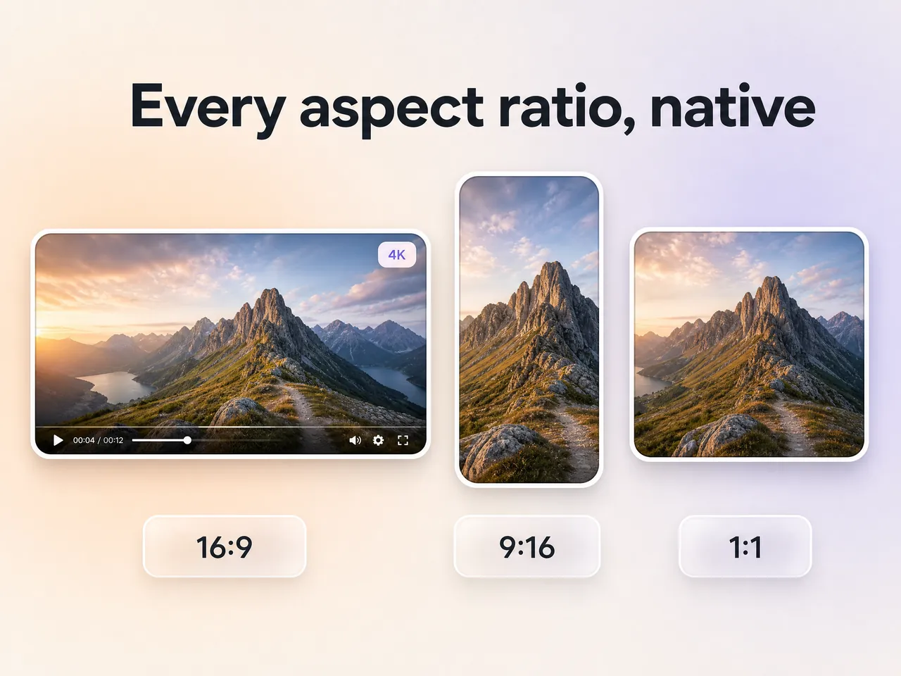A coming soon video exported in 16:9, 9:16, and 1:1 formats up to 4K