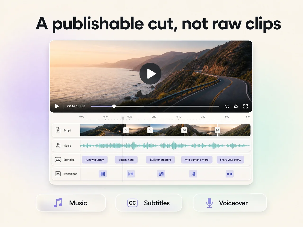 Pexo assembling script, music, and subtitles into a finished product launch video