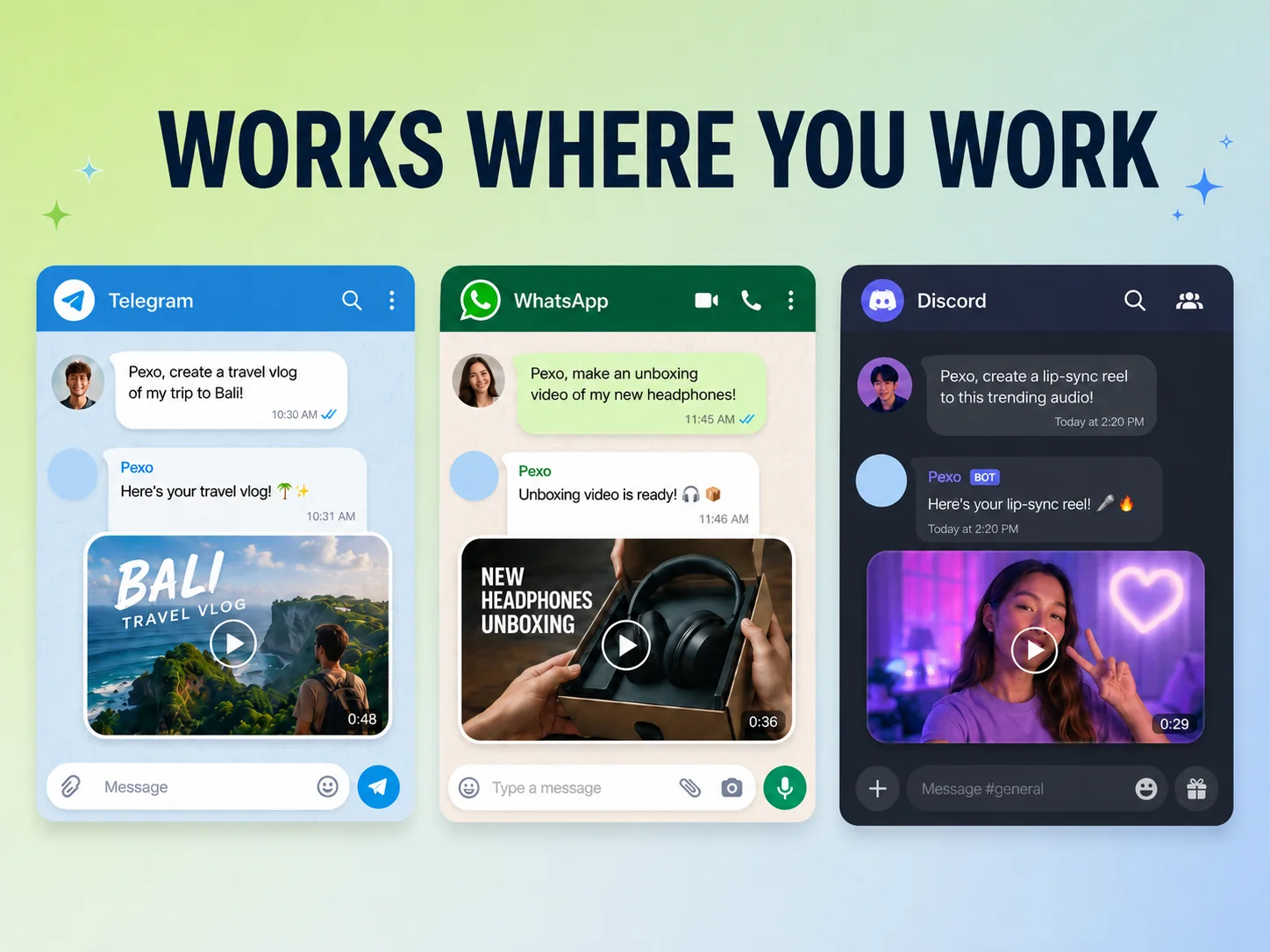 Pexo AI video creation via Telegram, WhatsApp, and Discord