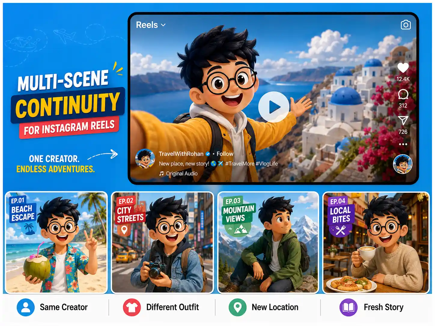 Pexo multi-scene continuity for YouTube Shorts