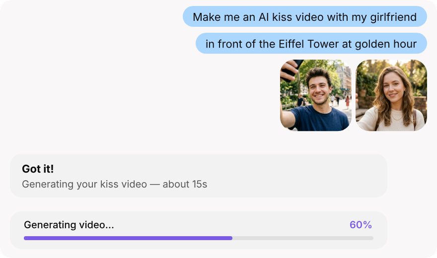 Chat preview showing a request to generate a kiss video with photos and a generation progress bar