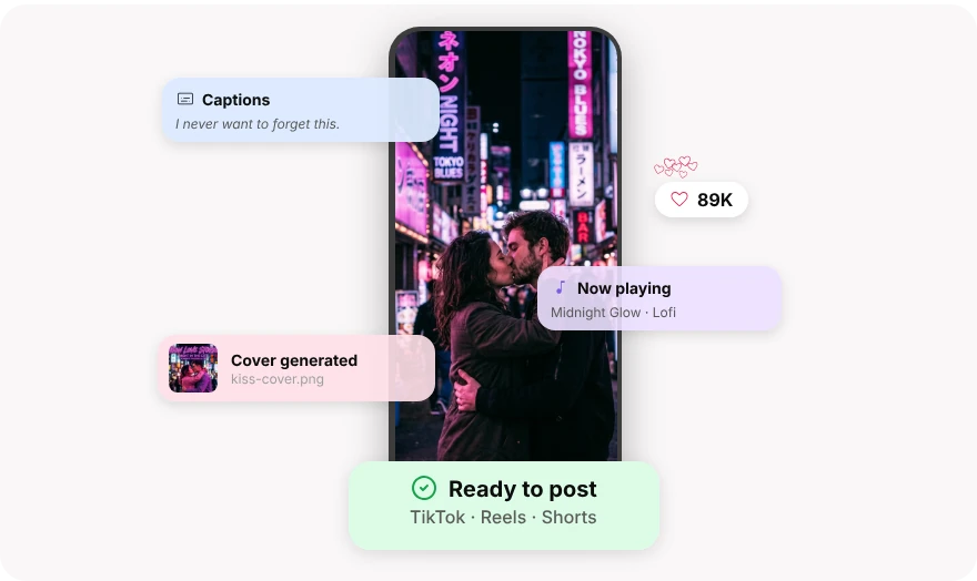 A phone with caption, music, cover, and ready-to-post overlays around it