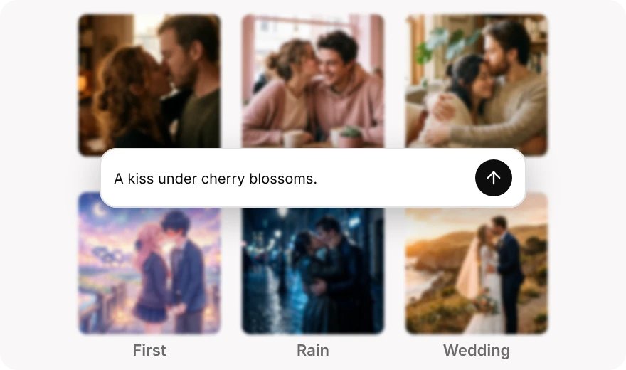 Six kiss-style template thumbnails with a floating custom prompt input