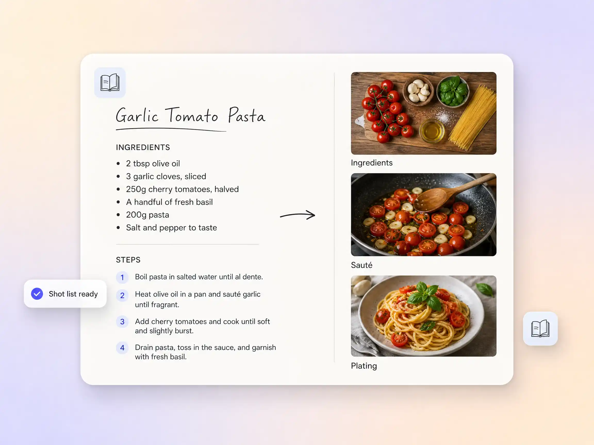 A written recipe becoming a structured shot list for a recipe video in Pexo