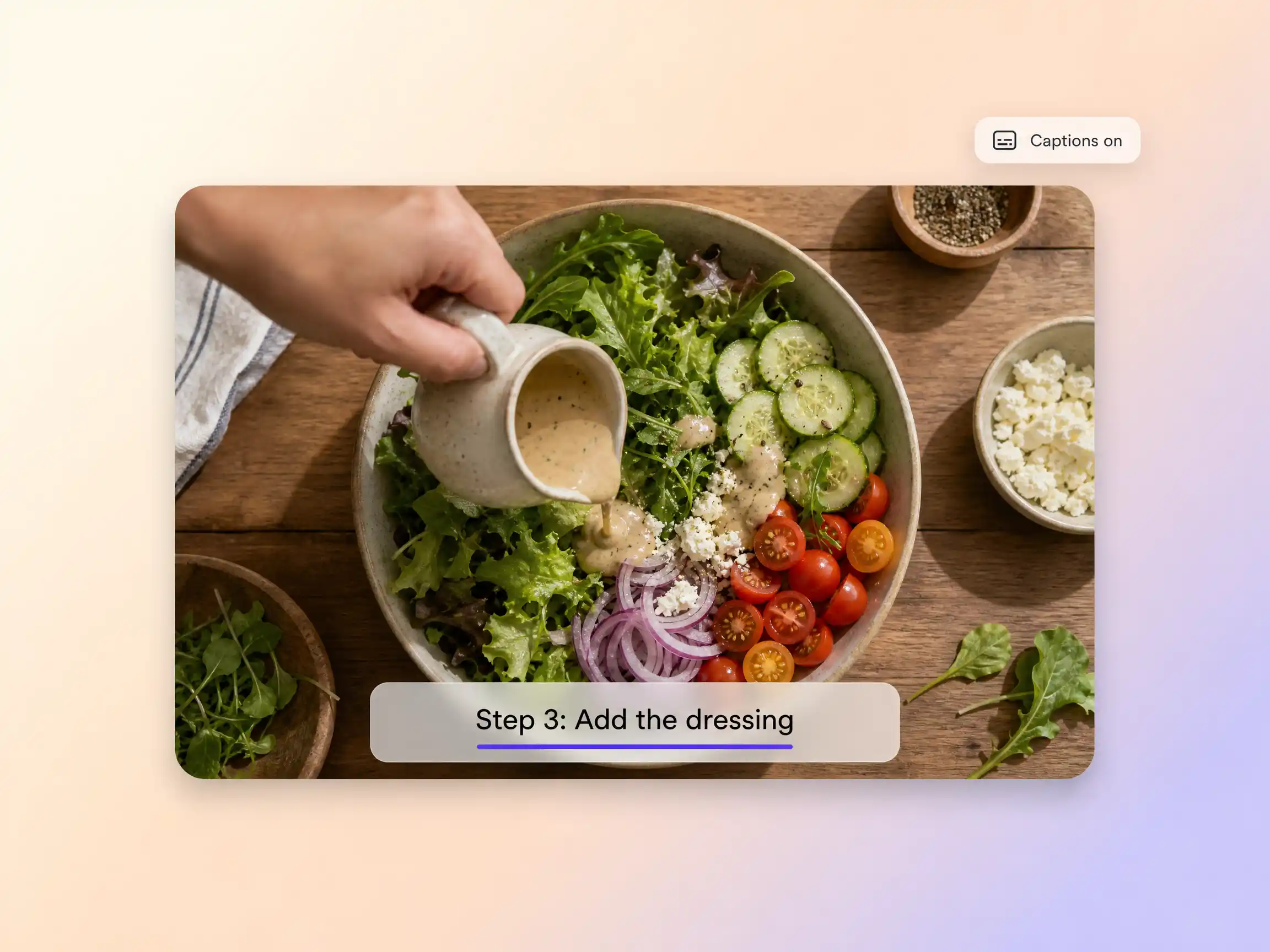 Step text and captions overlaid on a recipe video in Pexo