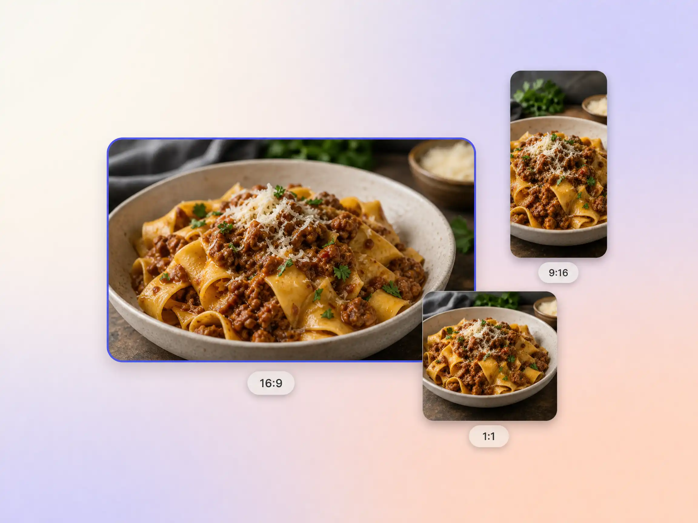 A recipe video exported in 16:9, 9:16, and 1:1 formats up to 4K