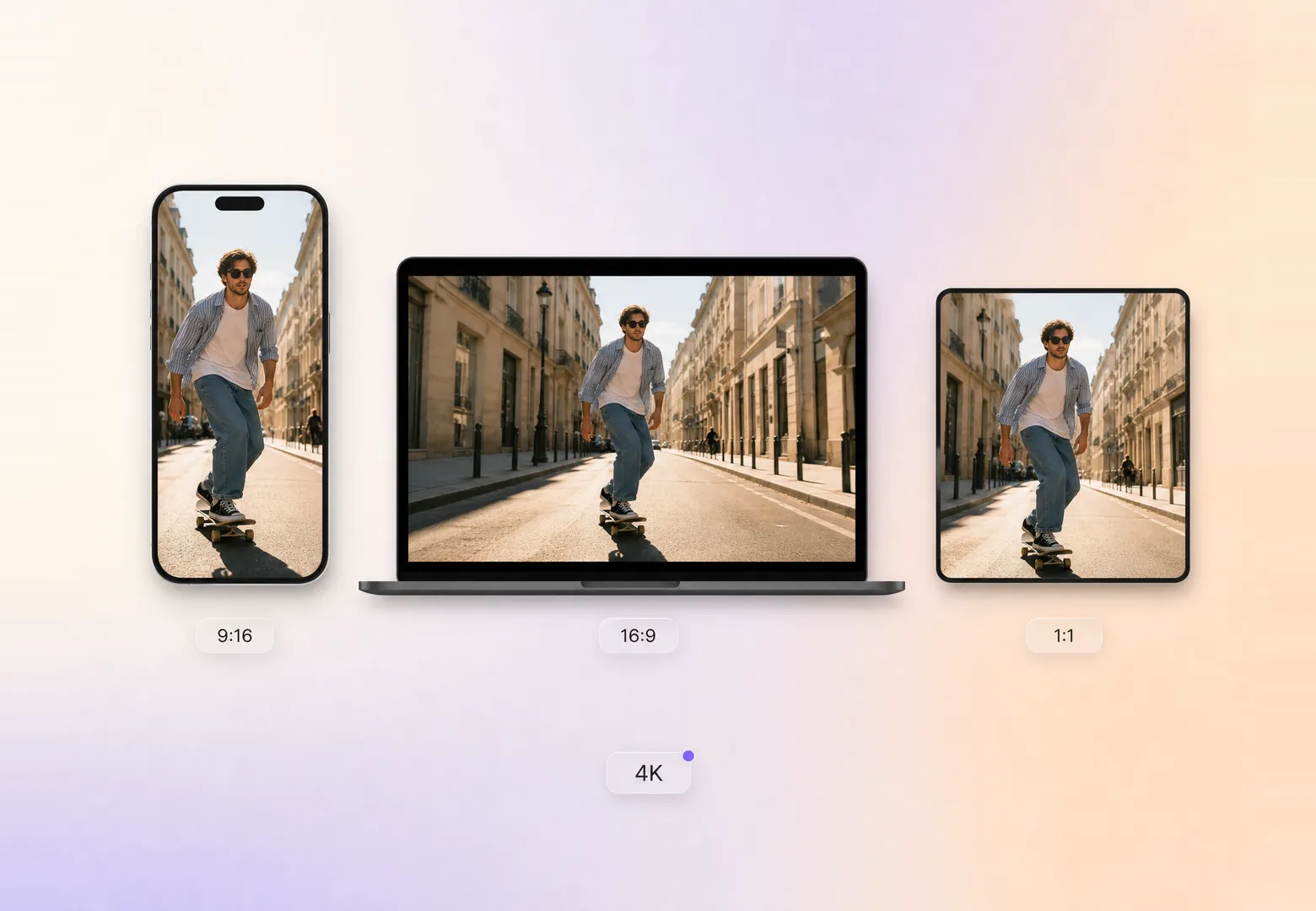 Social media video maker rendering 9:16, 16:9 and 1:1 versions of the same clip