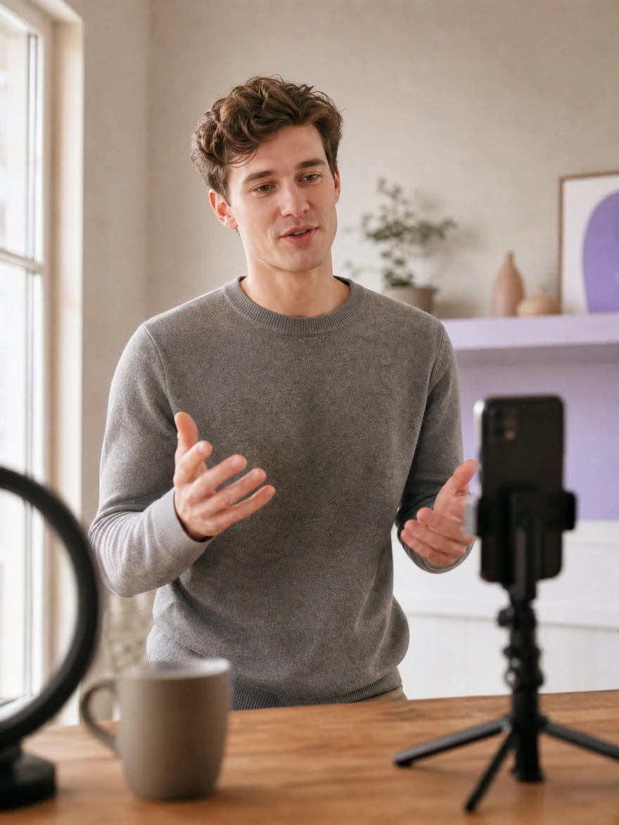Creator filming a vertical YouTube Short in a sunlit home studio