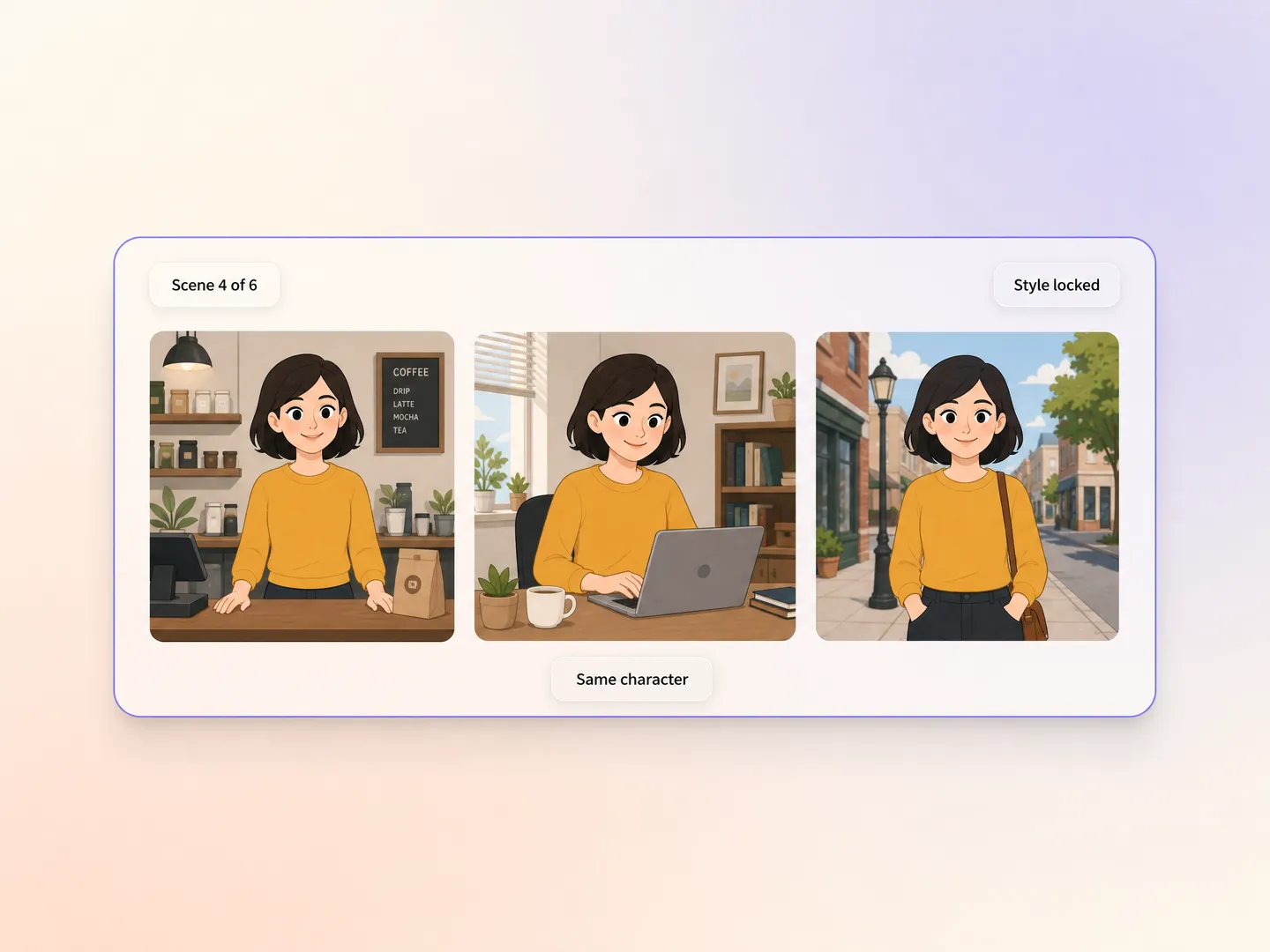 Consistent characters across every animated marketing video scene