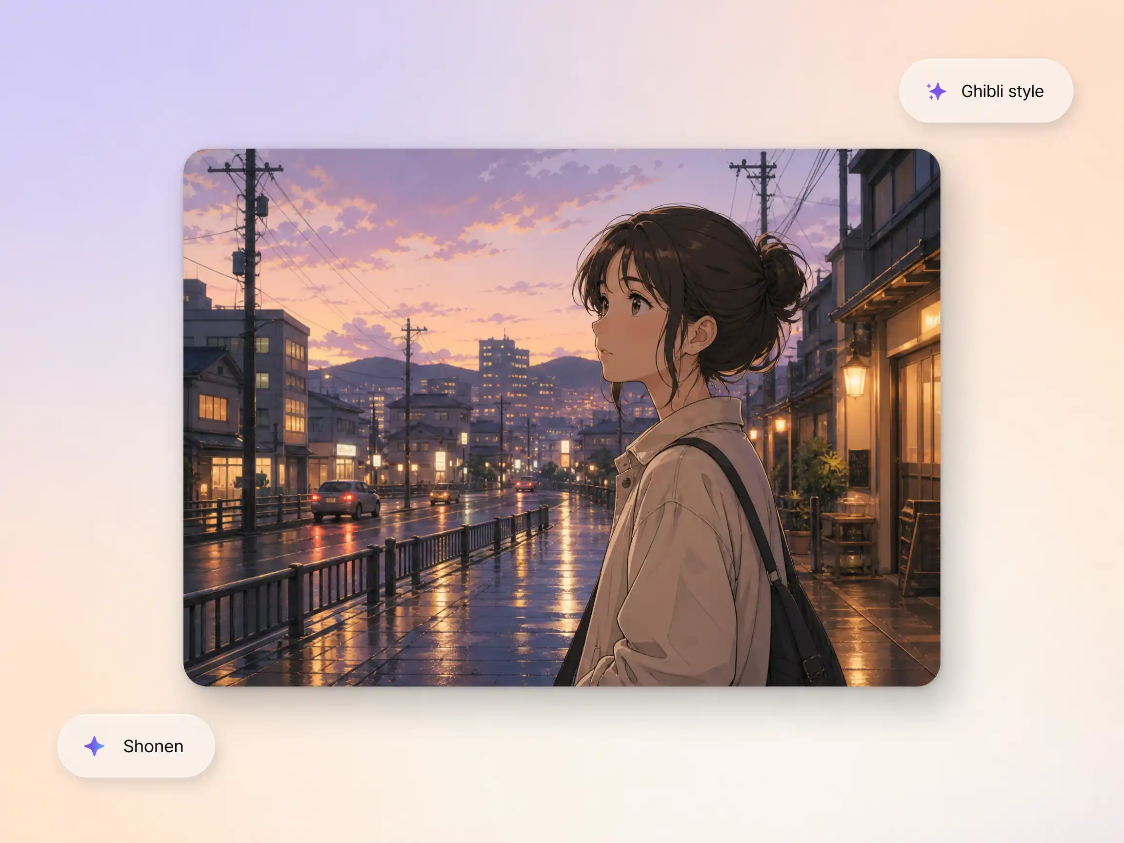 Anime video maker showing Ghibli and shonen style presets in Pexo