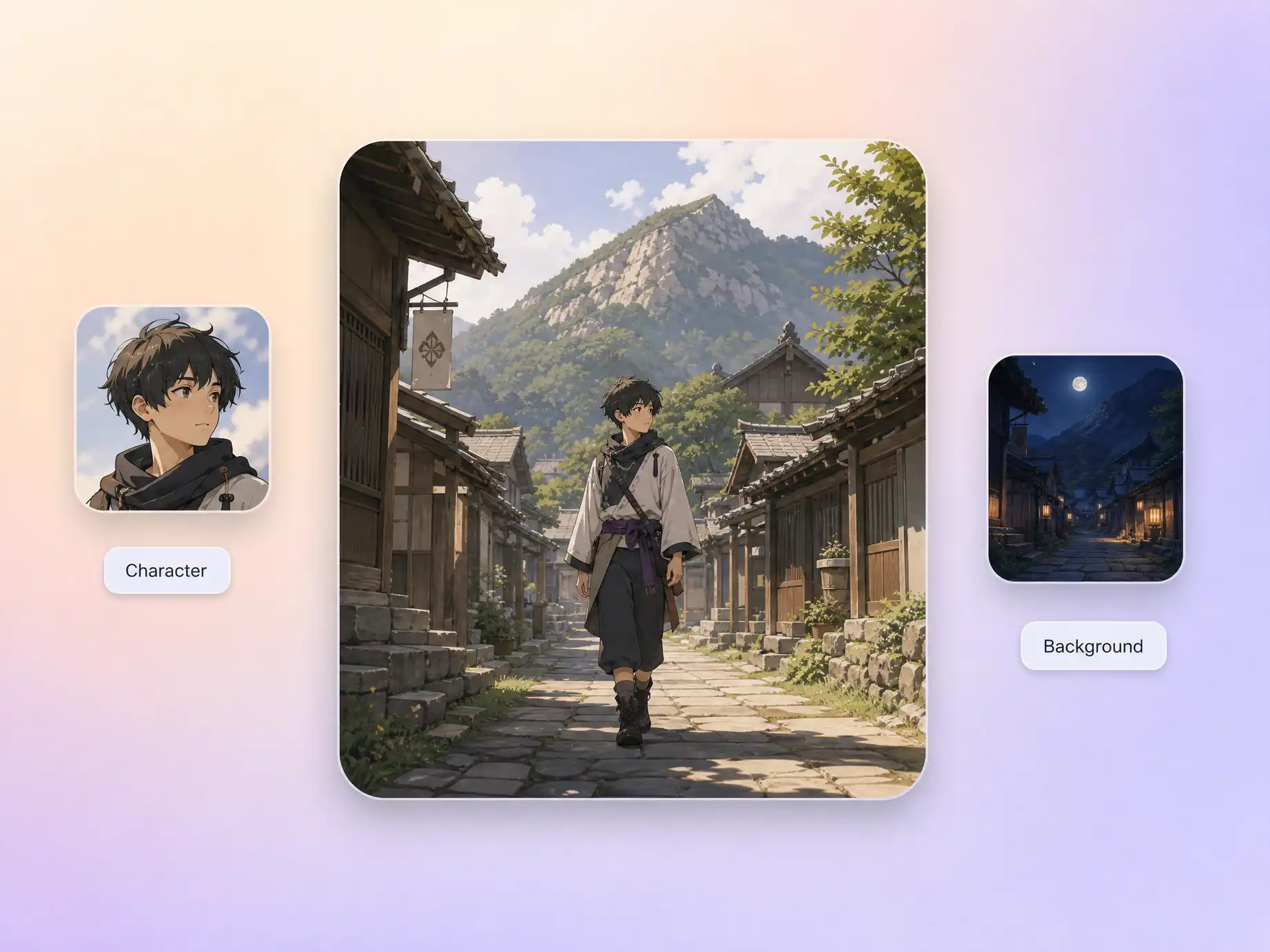 AI anime art generation of original characters and backgrounds in Pexo