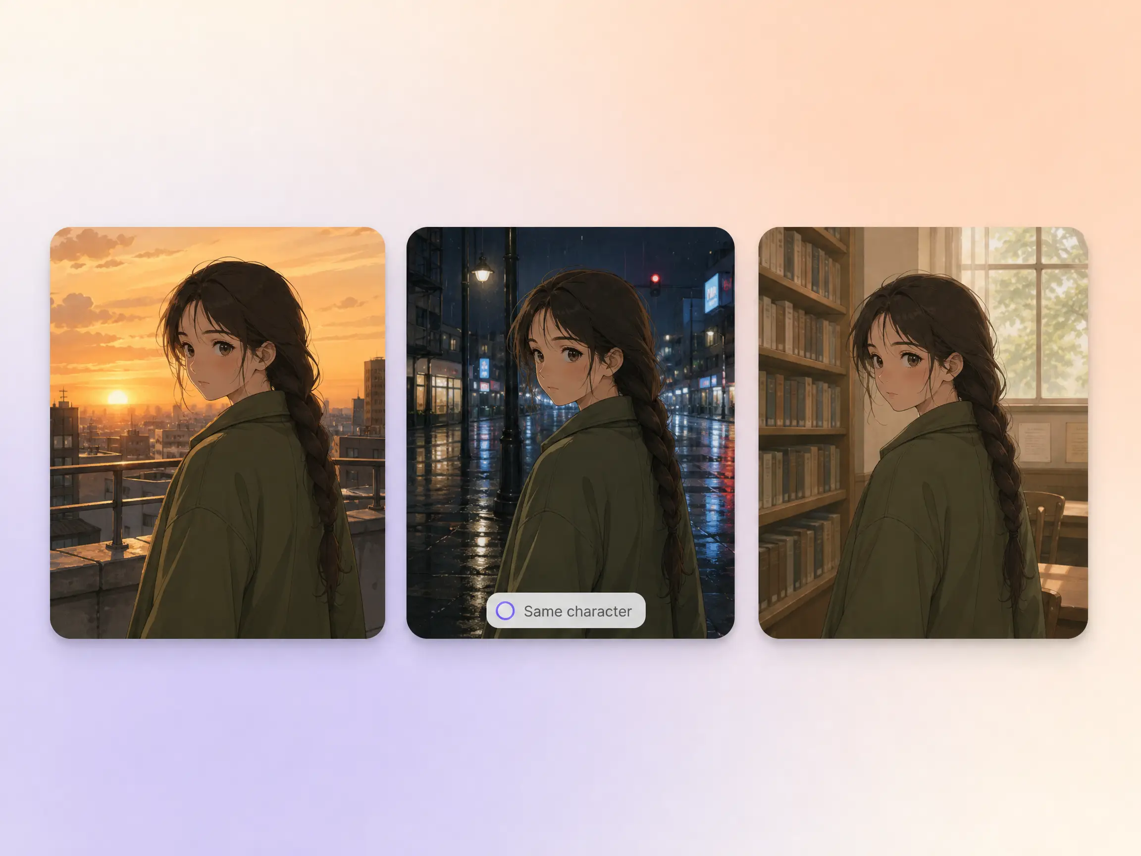 The same anime character kept consistent across three scenes in Pexo