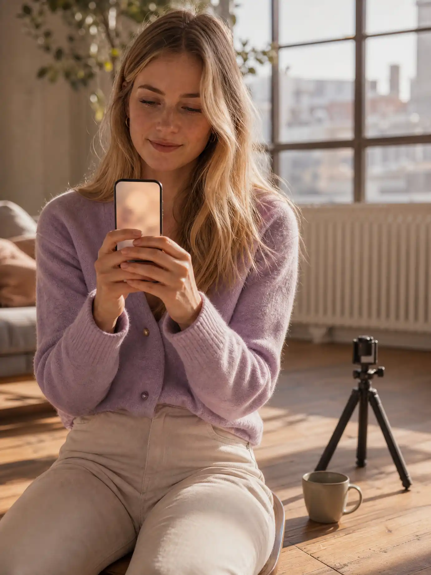 Creator watching a finished short video on her phone