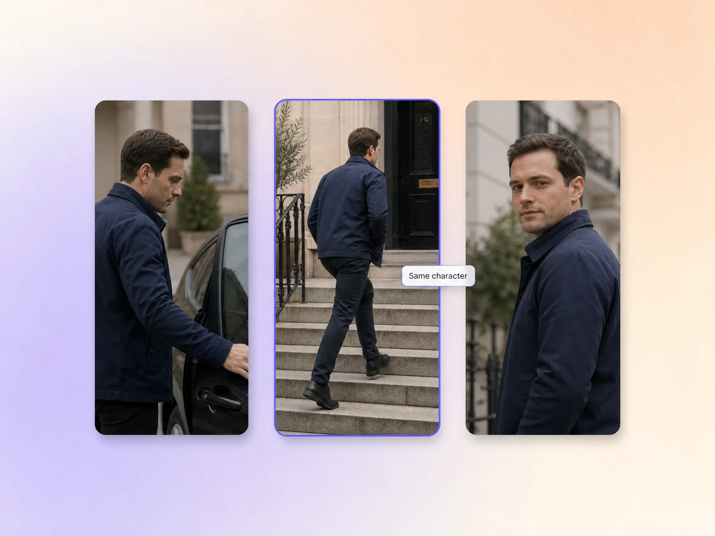 Same character kept consistent across three short video shots