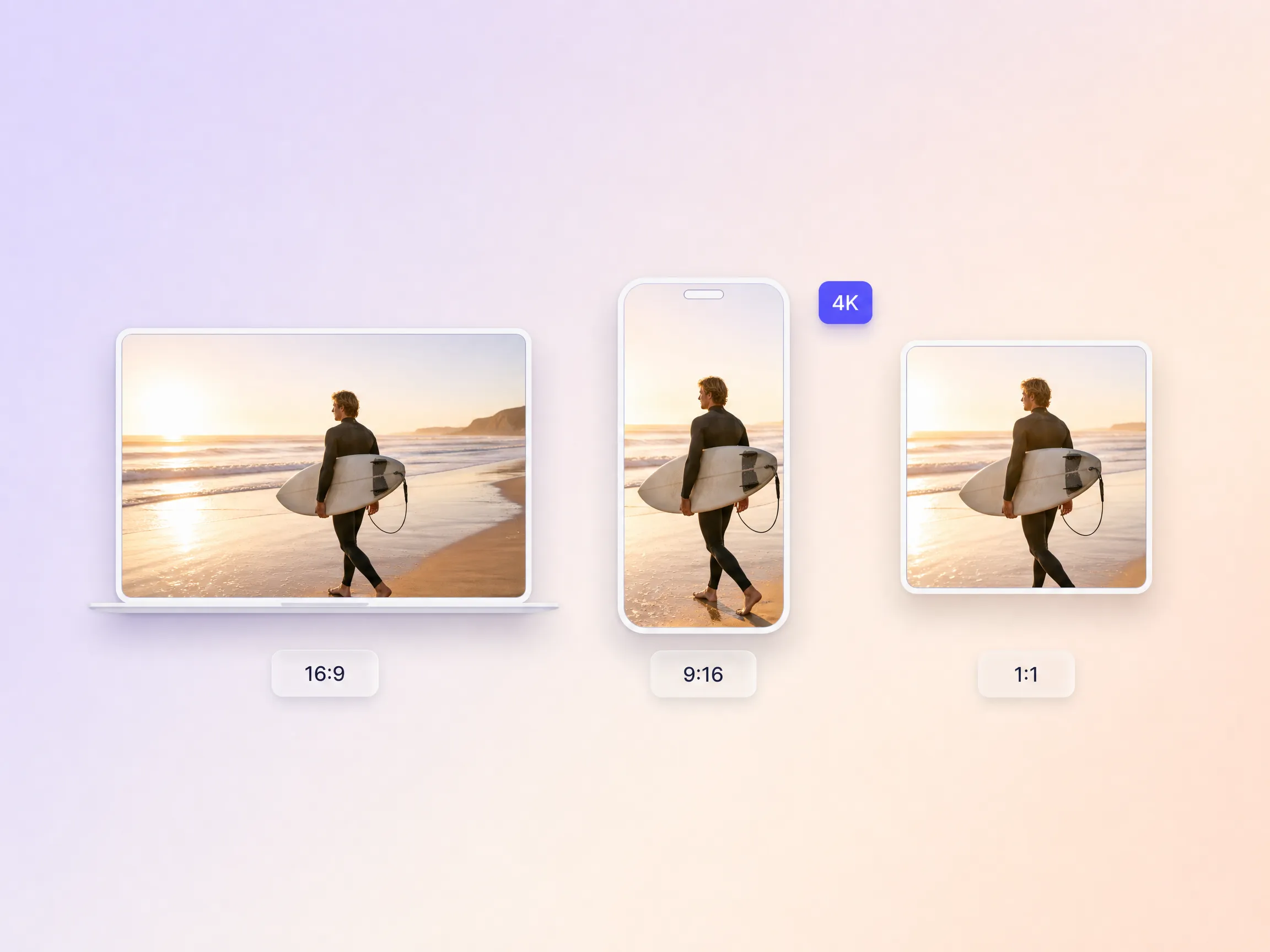 One short video exported in 16:9, 9:16, and 1:1 up to 4K