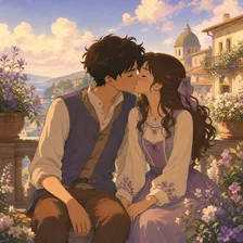 Anime style prompt preview for an AI kissing video