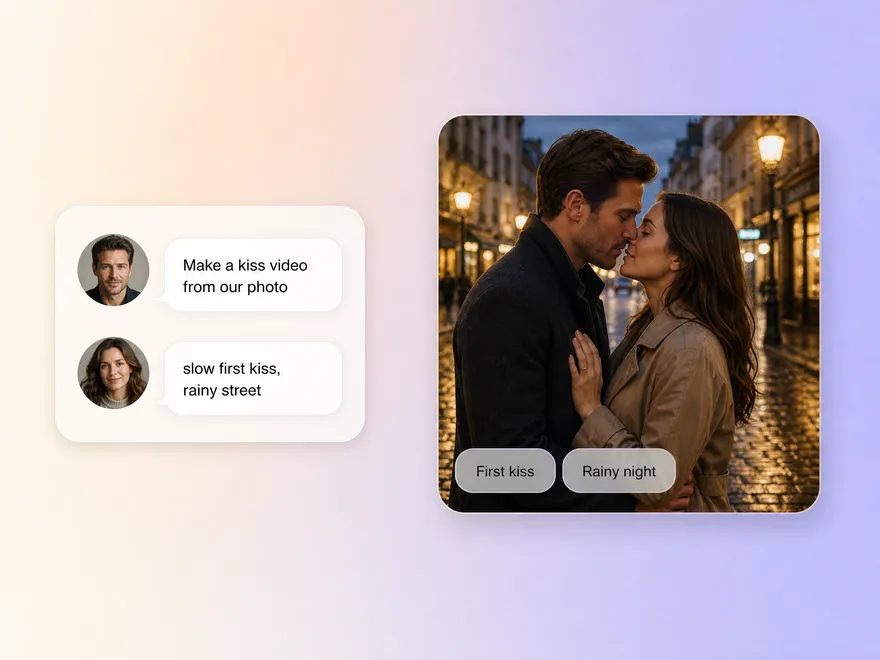 Chat request turning two photos into a kissing video inside Pexo