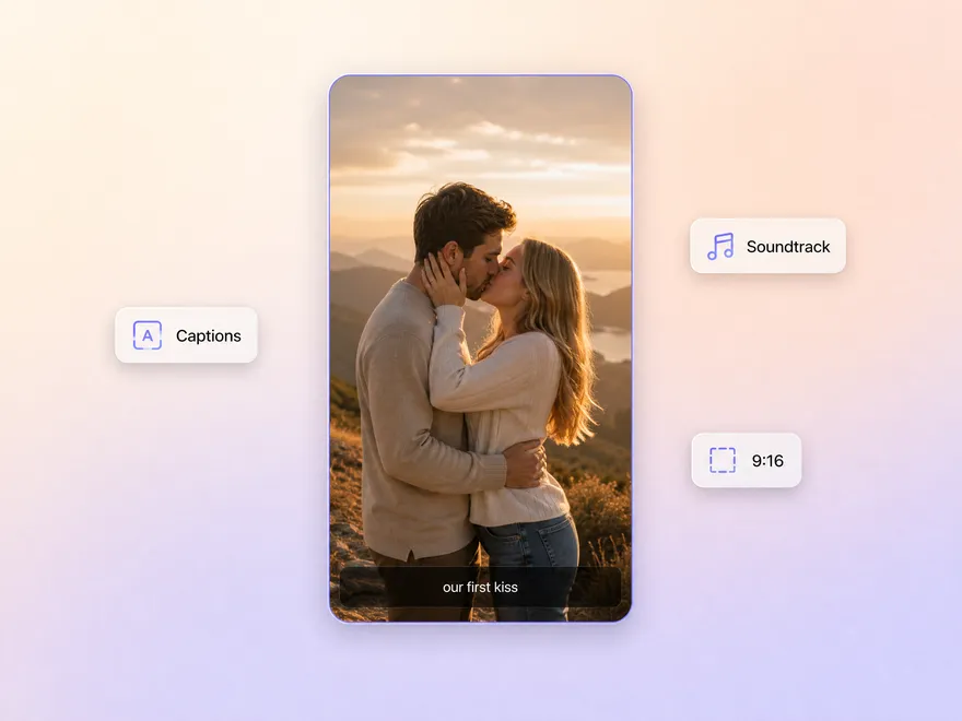 Finished vertical kissing video with burned in captions and a soundtrack chip