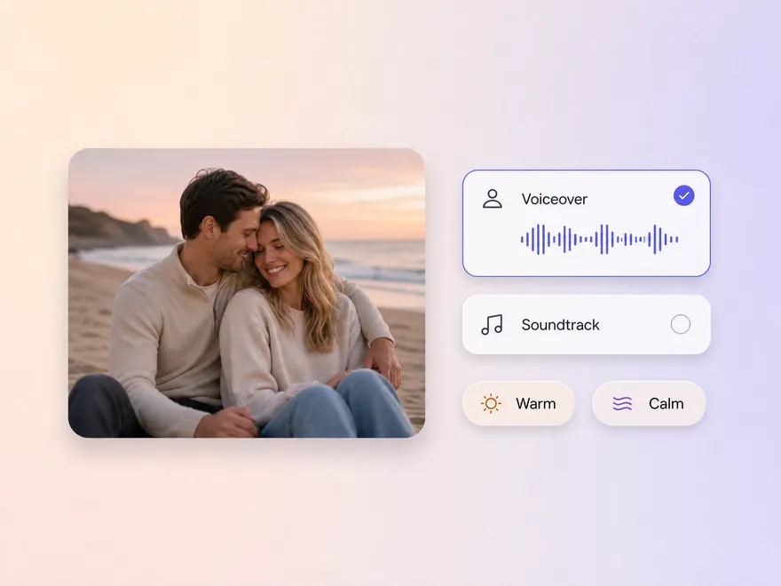 Voiceover and soundtrack option cards for an AI kissing video