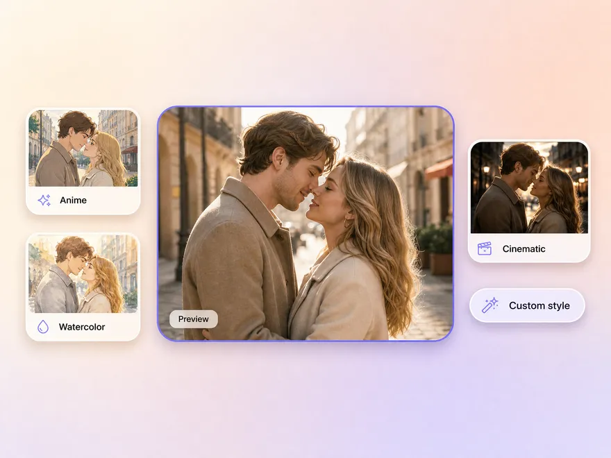Anime, cinematic, and watercolor style options for one kissing video scene
