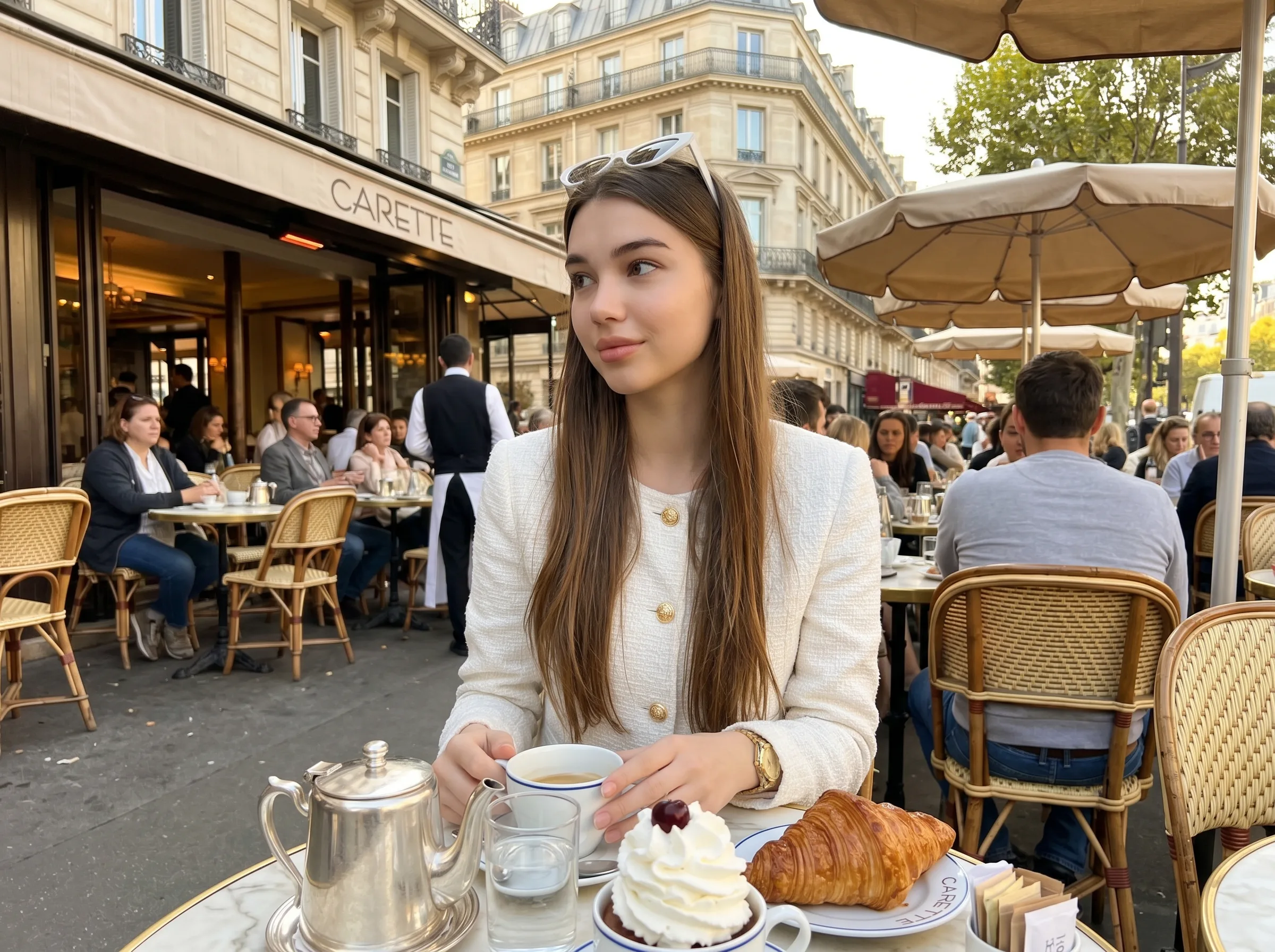 Lifestyle and travel YouTube creator at a Paris cafe