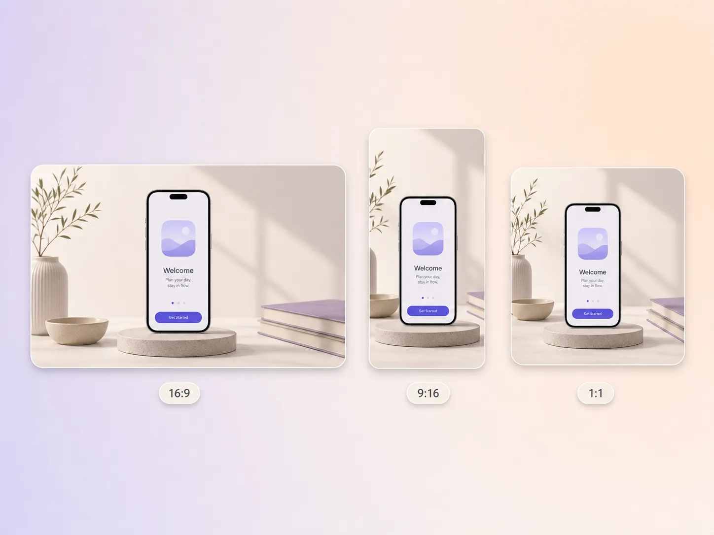 A app launch video exported in 16:9, 9:16, and 1:1 formats up to 4K