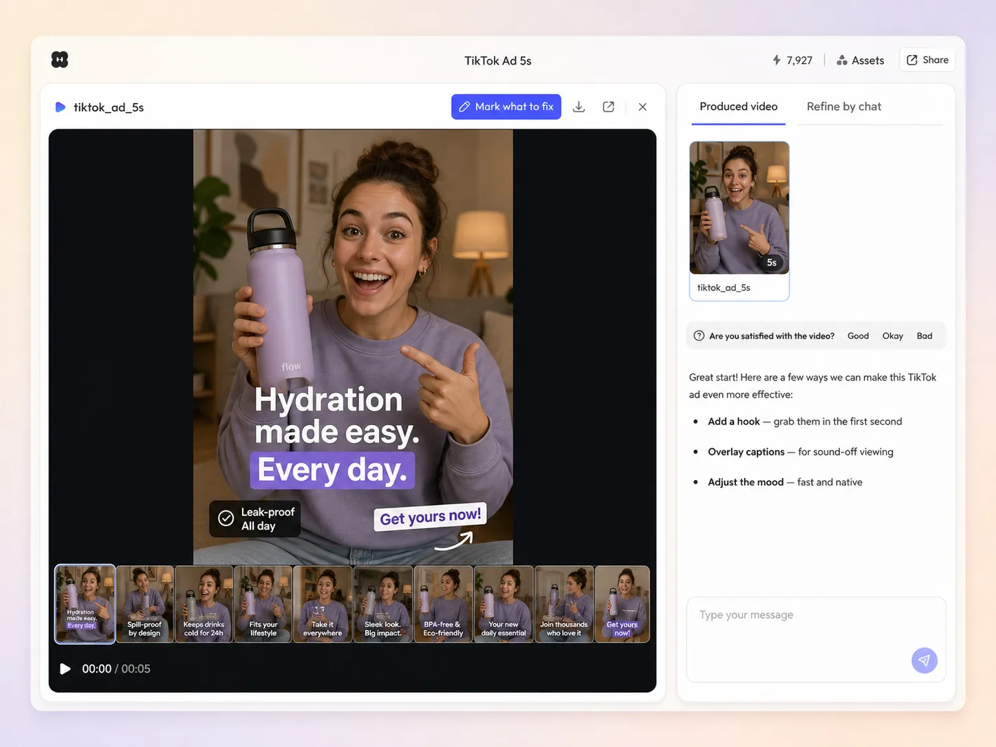 Creating a TikTok ad from a text prompt and a photo in the Pexo editor