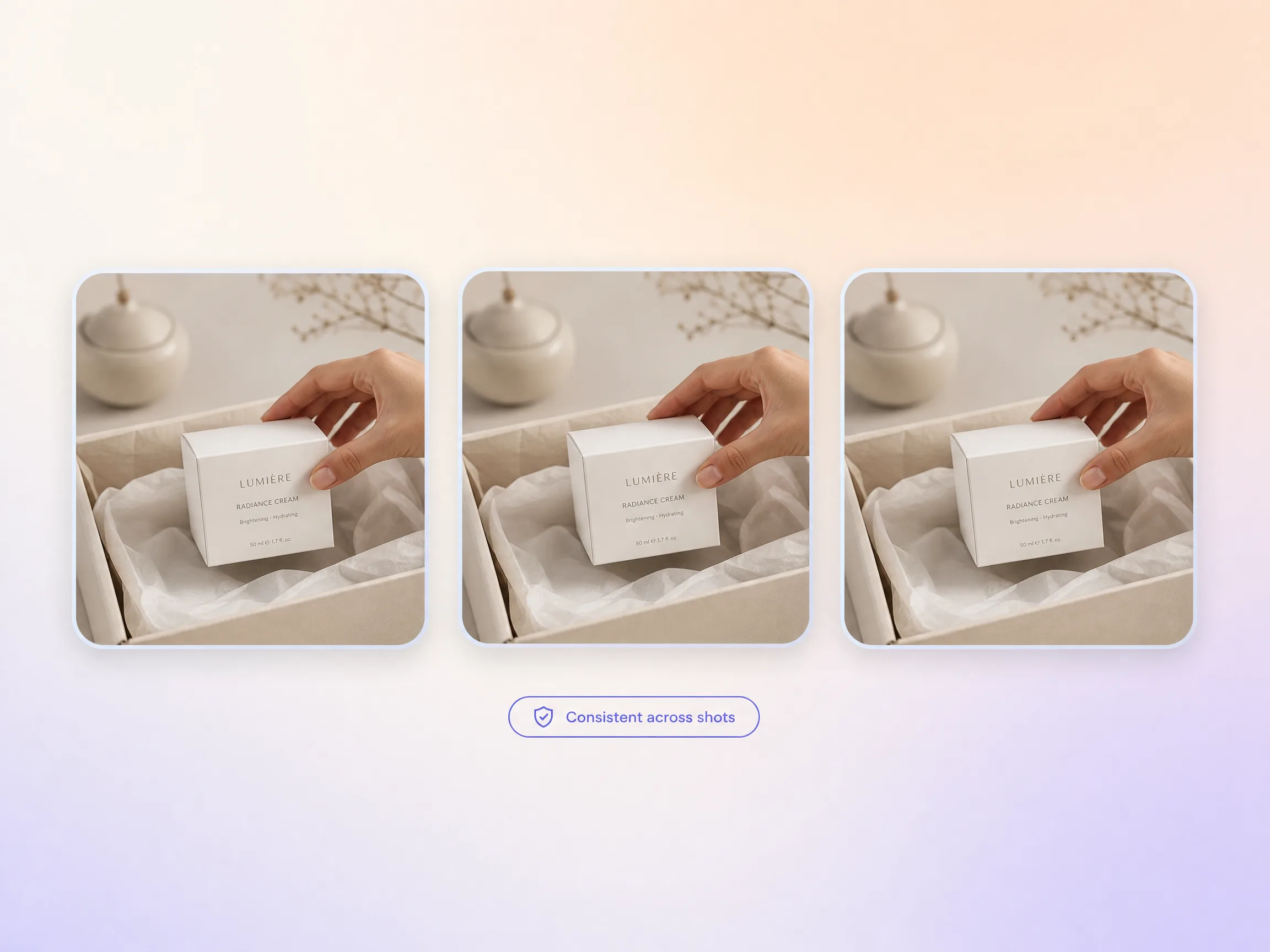 Hyperframe keeping a product consistent across shots of a unboxing video