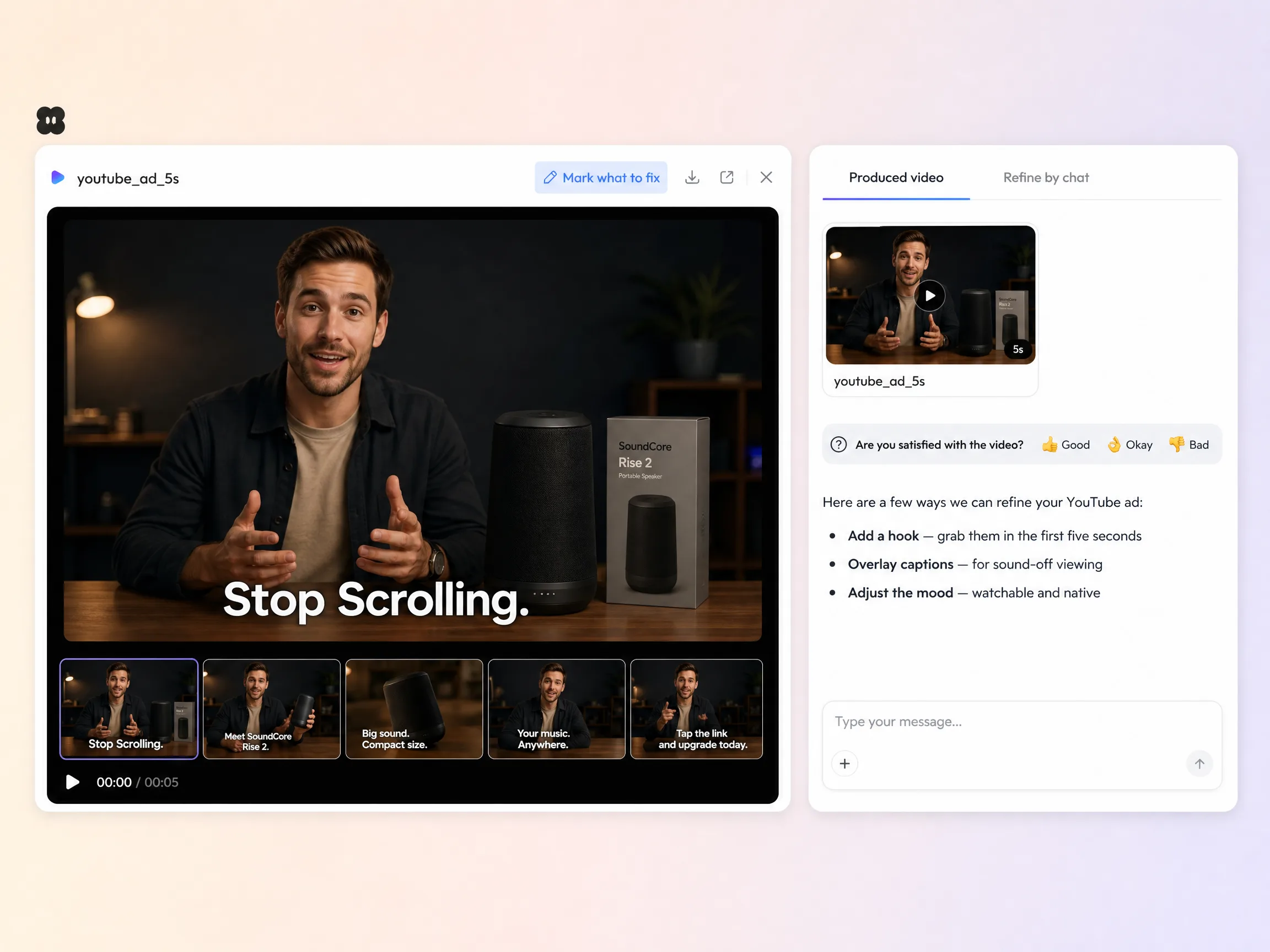 Creating a YouTube ad from a text prompt and a photo in the Pexo editor