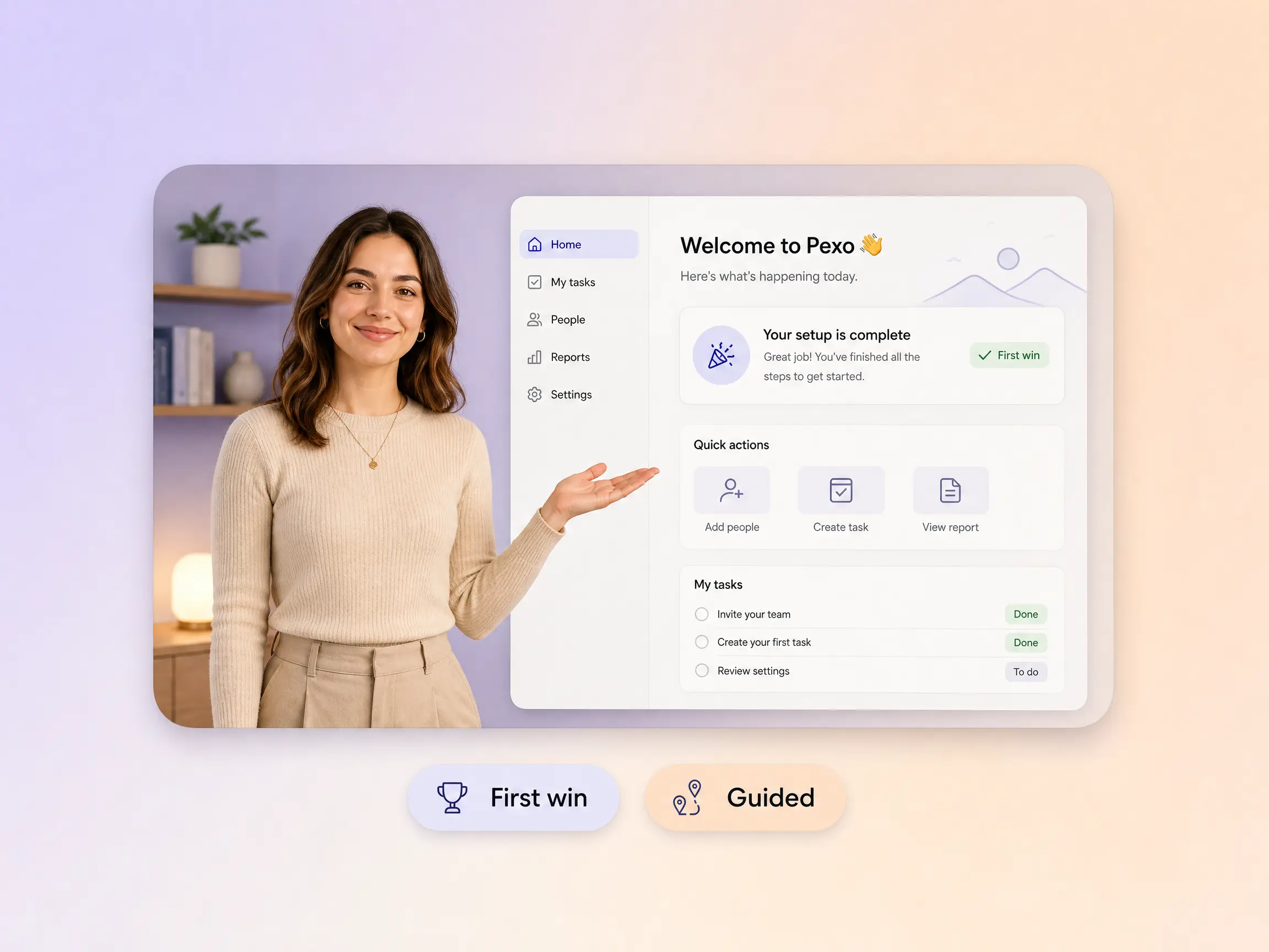 Pexo guiding a new user in an onboarding video