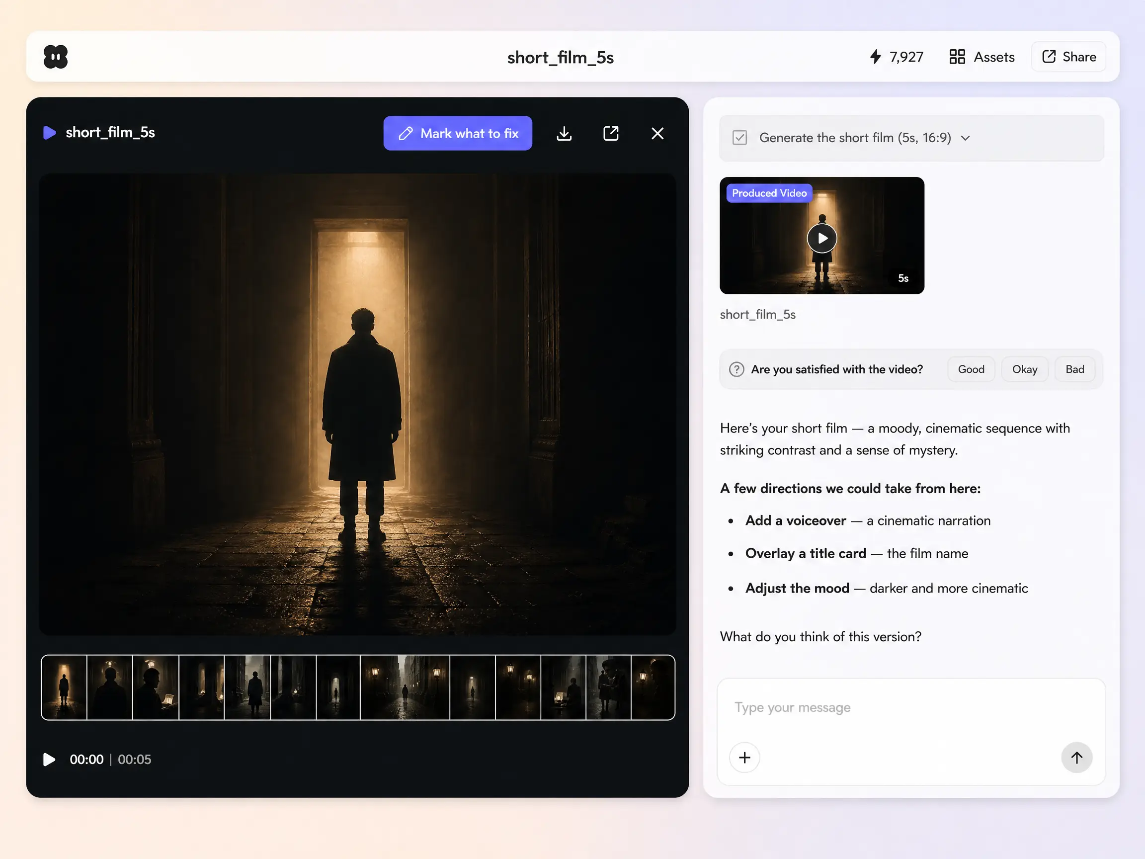 Creating a short film from a text prompt and a photo in the Pexo editor
