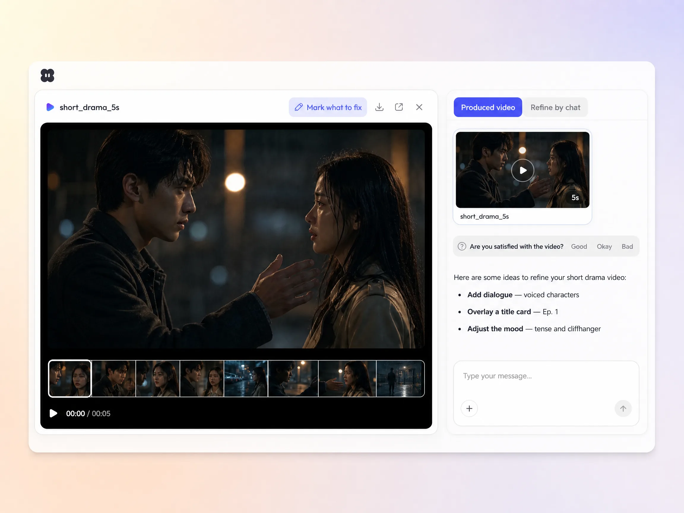 Creating a short drama from a text prompt and a photo in the Pexo editor
