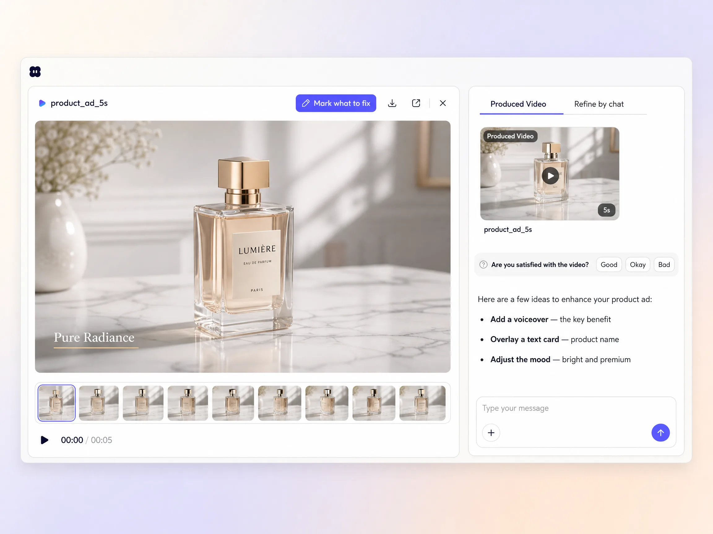 Creating a product ad from a text prompt and a photo in the Pexo editor