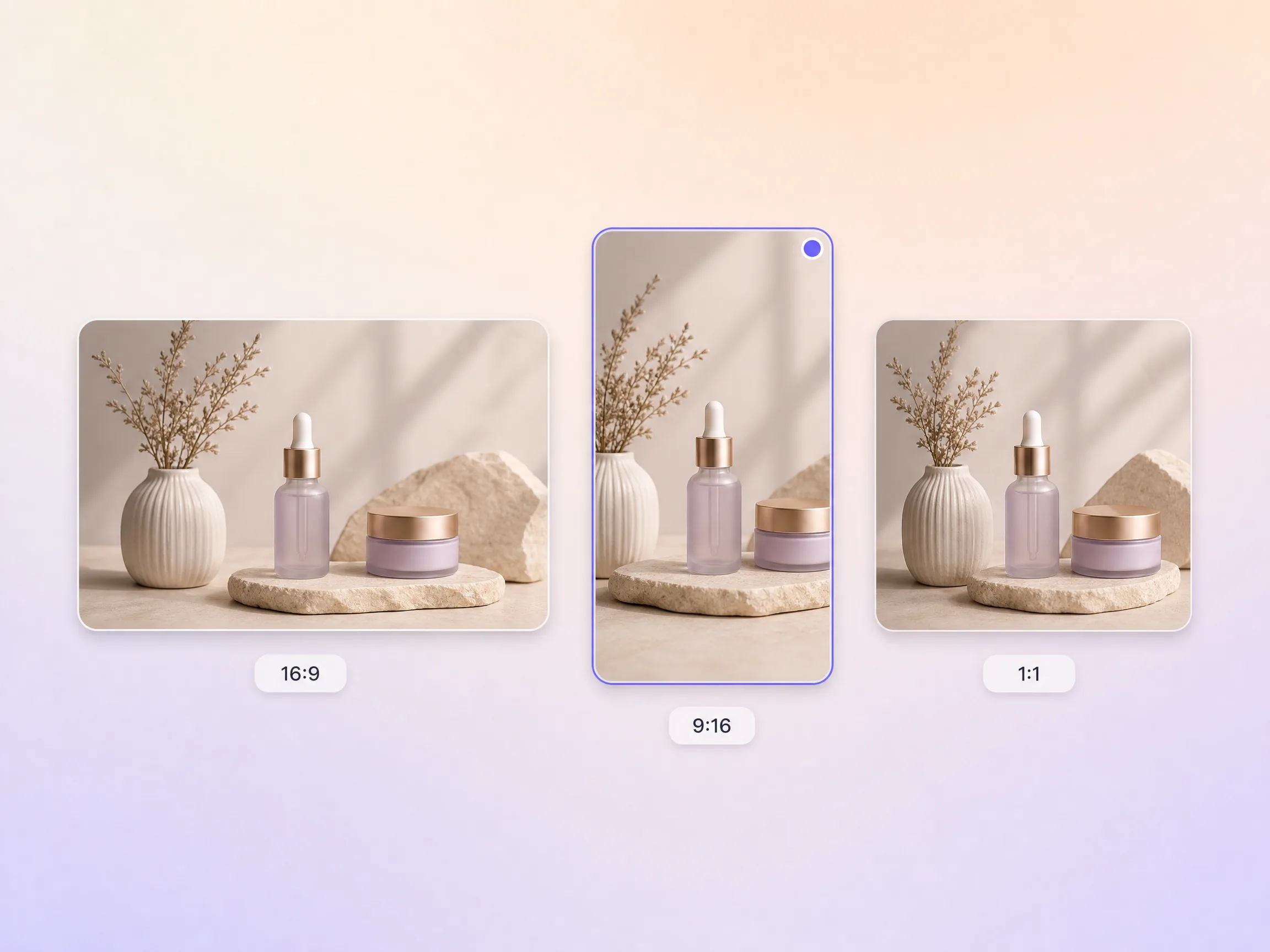 A product ad exported in 16:9, 9:16, and 1:1 formats up to 4K