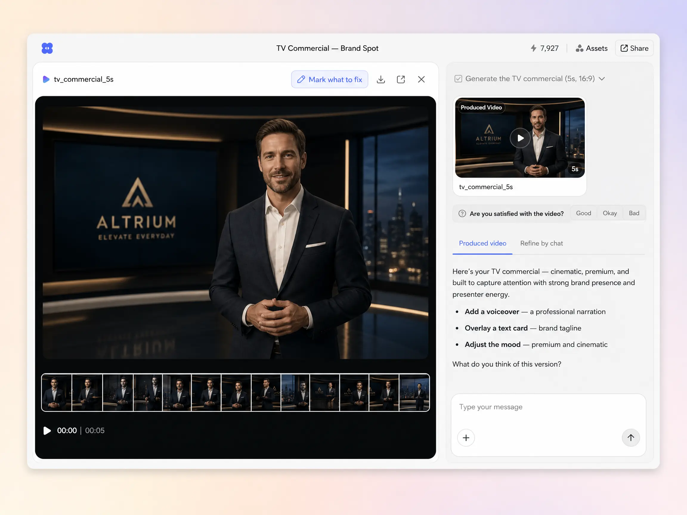 Creating a TV commercial from a text prompt and a photo in the Pexo editor
