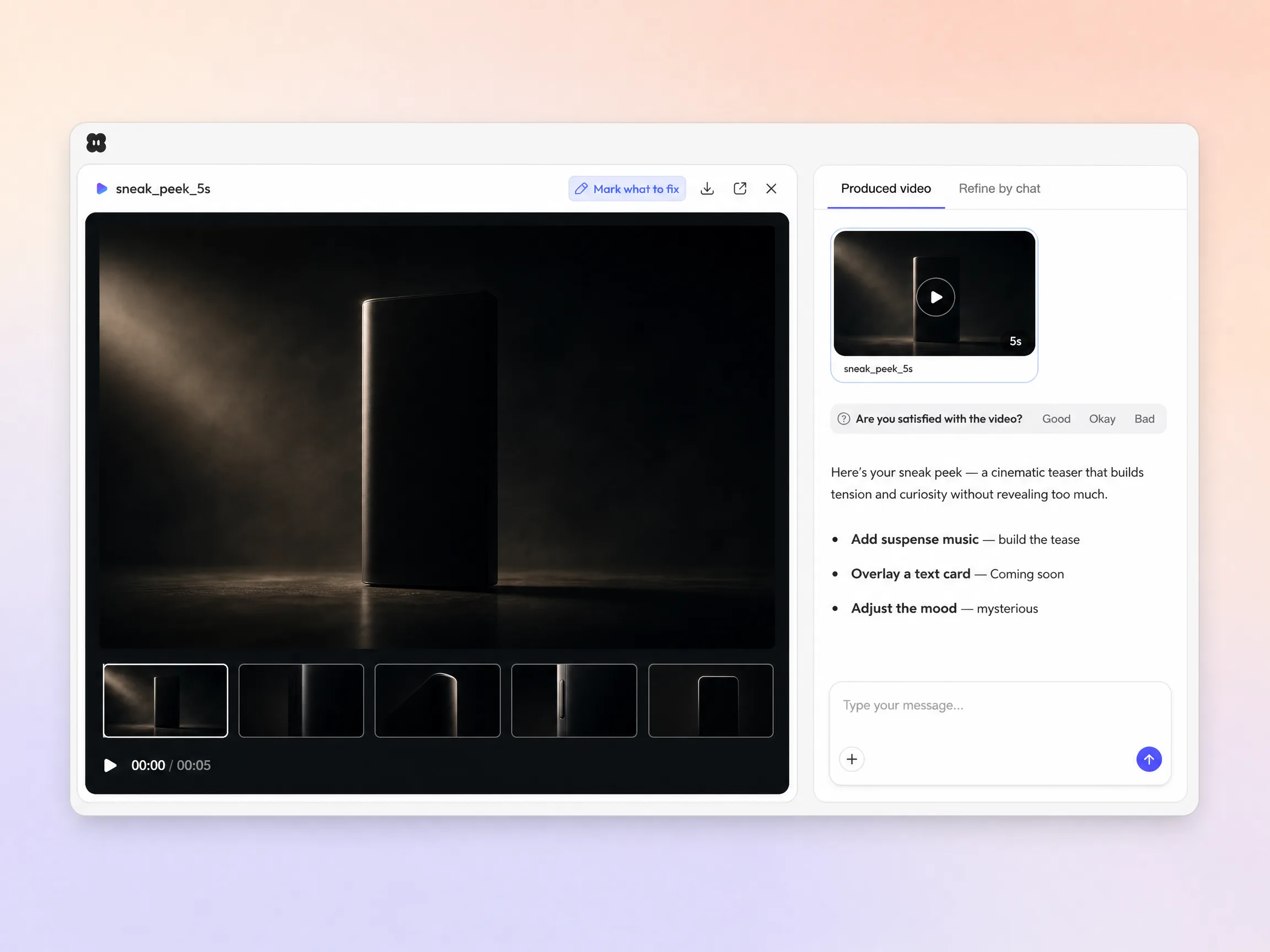 Creating a sneak peek video from a text prompt and a photo in the Pexo editor