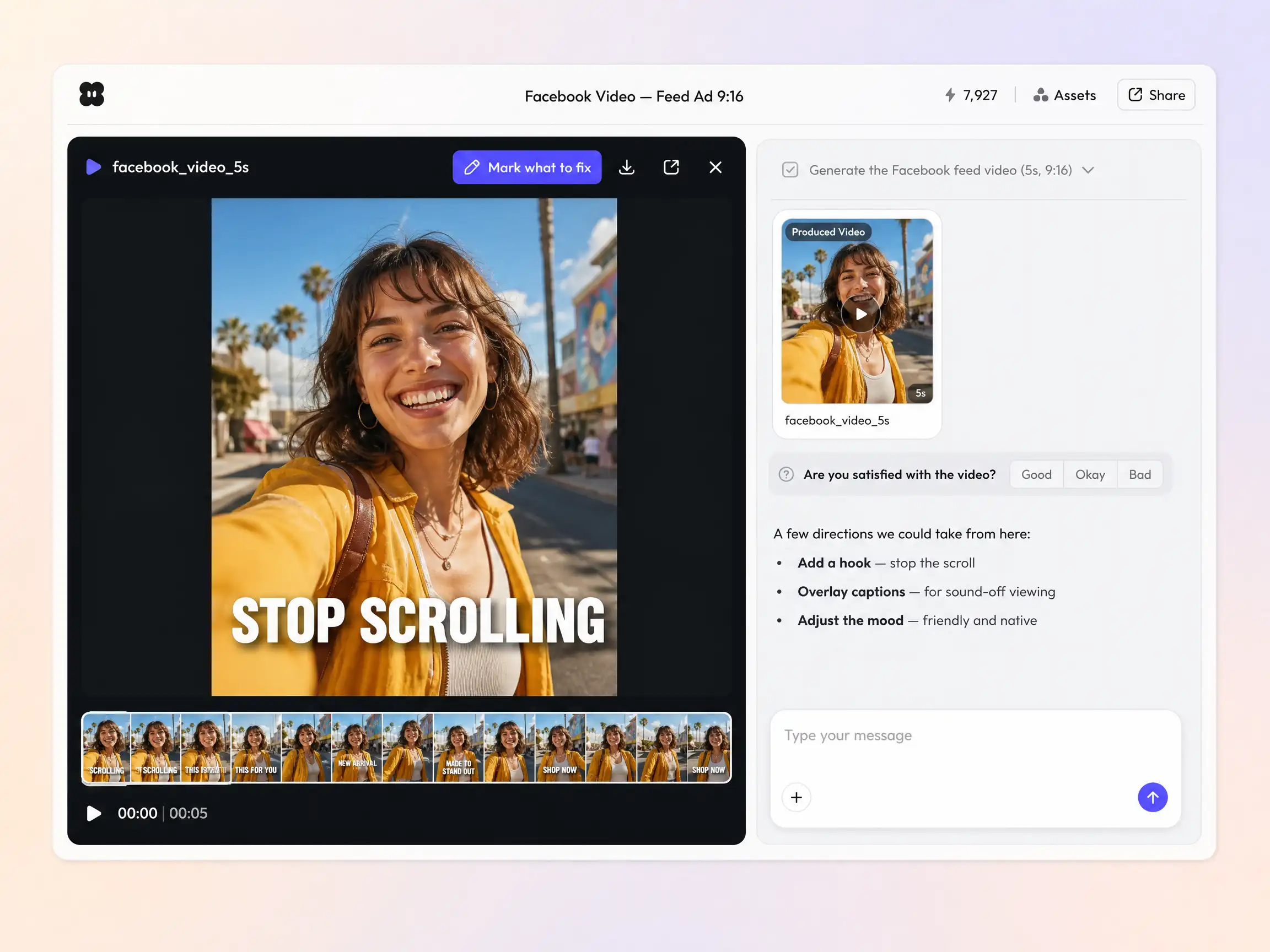 Creating a Facebook video from a text prompt and a photo in the Pexo editor