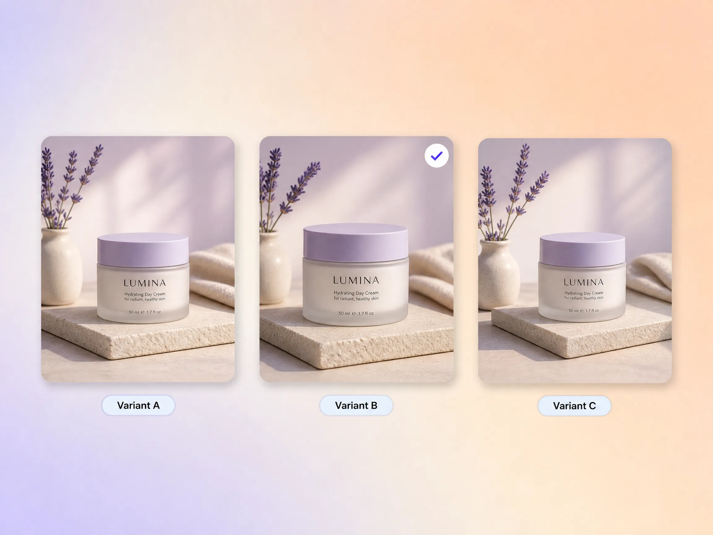 Several versions of the same product ad lined up for testing