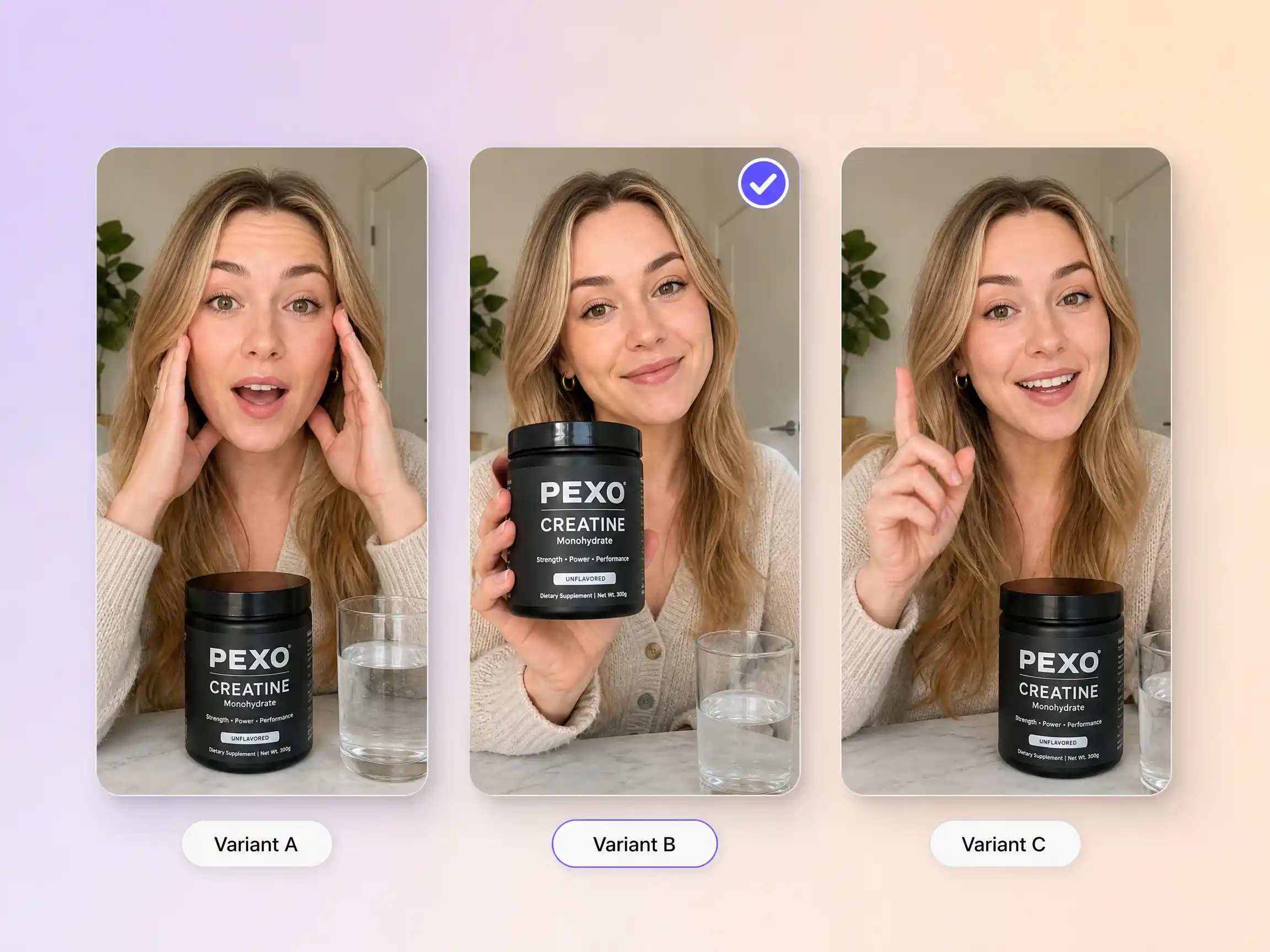 Several versions of the same TikTok ad shown side by side for testing